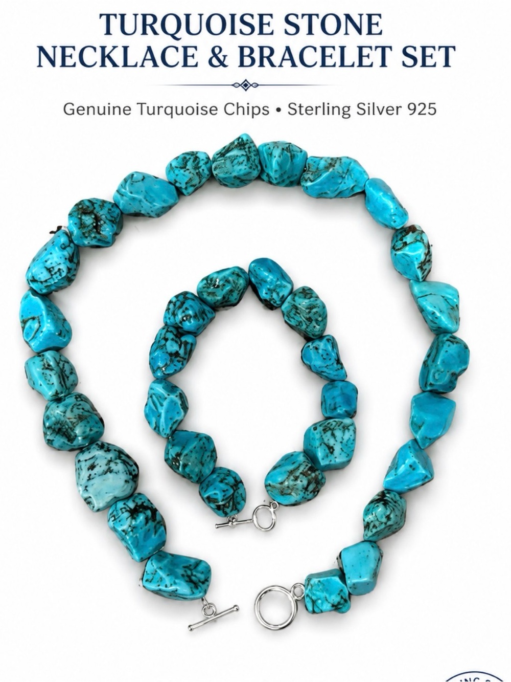 Turquoise Stone Necklace & Bracelet Set - Sterling Silver